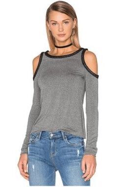 Bailey 44 Harlow Cold Shoulder Top Charcoal Gray Faux Leather Trim Medium NWT